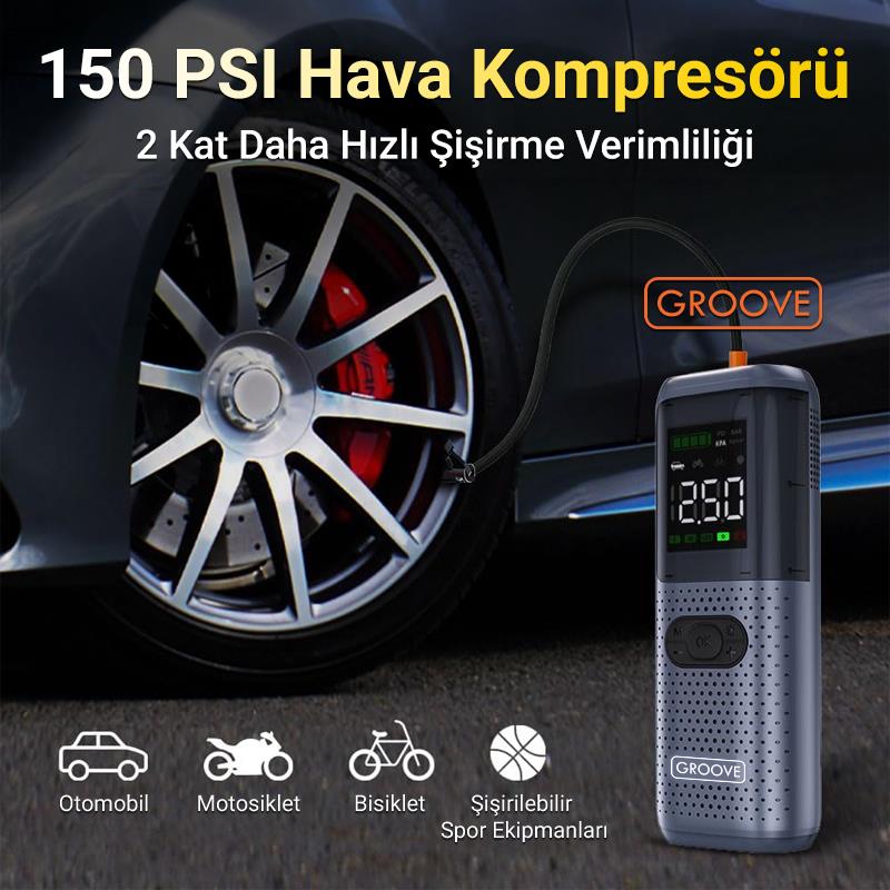 GROOVE HCB002 24400mAh 3000A Akü Takviye Cihazı +Lastik Şişirme Kompresörlü Taşınabilir Jump Starter (Kompresör+Powerbank+Led Lamba+LCD Ekran)