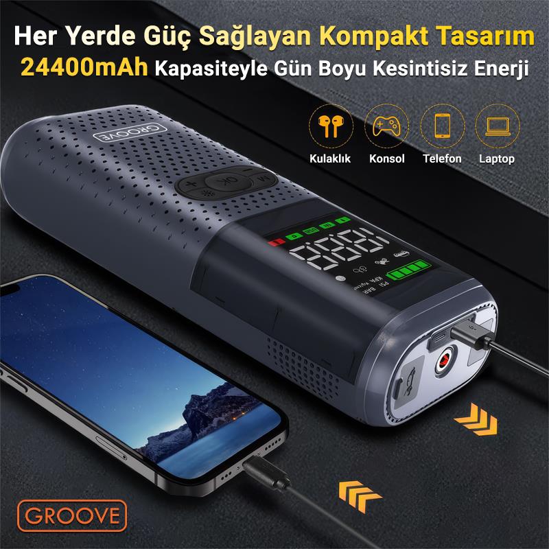 GROOVE HCB002 24400mAh 3000A Akü Takviye Cihazı +Lastik Şişirme Kompresörlü Taşınabilir Jump Starter (Kompresör+Powerbank+Led Lamba+LCD Ekran)