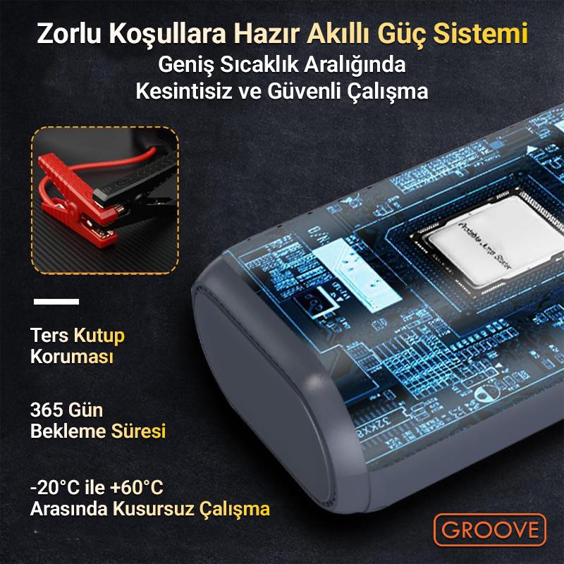 GROOVE HCB002 24400mAh 3000A Akü Takviye Cihazı +Lastik Şişirme Kompresörlü Taşınabilir Jump Starter (Kompresör+Powerbank+Led Lamba+LCD Ekran)