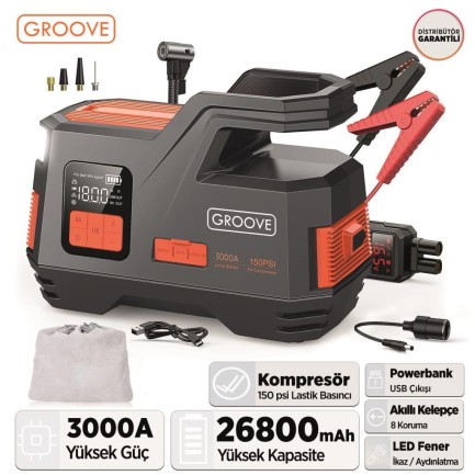 GROOVE - GROOVE JS006 26800mAh 3000A Akü Takviye Cihazı + Lastik Şişirme Kompresörlü Taşınabilir Jump Starter (Kompresör+Powerbank+Led Lamba+LCD Ekran) (ÖN SİPARİŞ - 29 NİSAN)