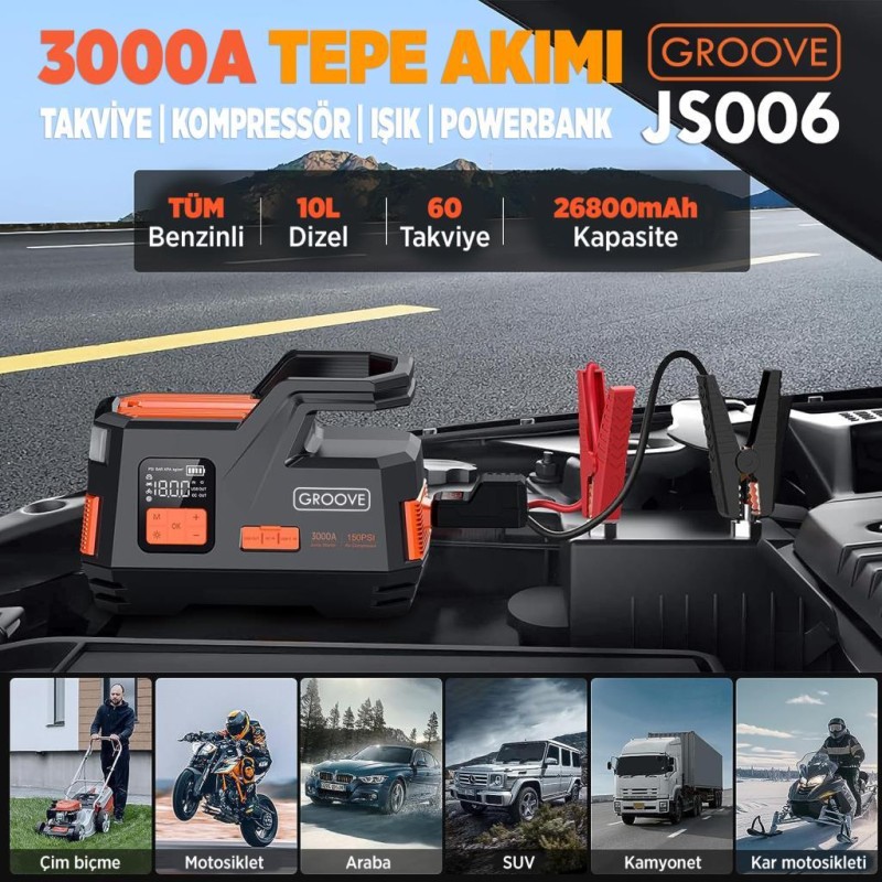 GROOVE JS006 26800mAh 3000A Akü Takviye Cihazı + Lastik Şişirme Kompresörlü Taşınabilir Jump Starter (Kompresör+Powerbank+Led Lamba+LCD Ekran) 