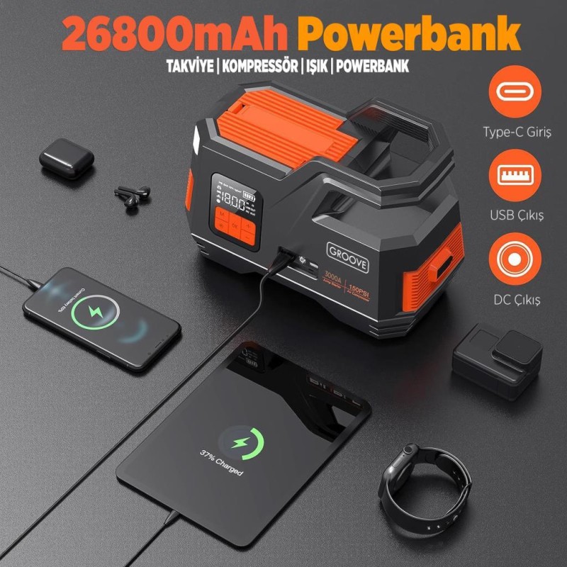 GROOVE JS006 26800mAh 3000A Akü Takviye Cihazı + Lastik Şişirme Kompresörlü Taşınabilir Jump Starter (Kompresör+Powerbank+Led Lamba+LCD Ekran) 