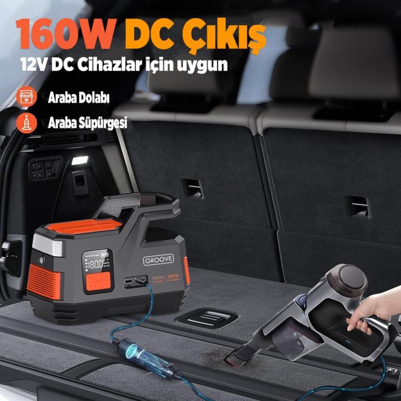 GROOVE JS006 26800mAh 3000A Akü Takviye Cihazı + Lastik Şişirme Kompresörlü Taşınabilir Jump Starter (Kompresör+Powerbank+Led Lamba+LCD Ekran) 