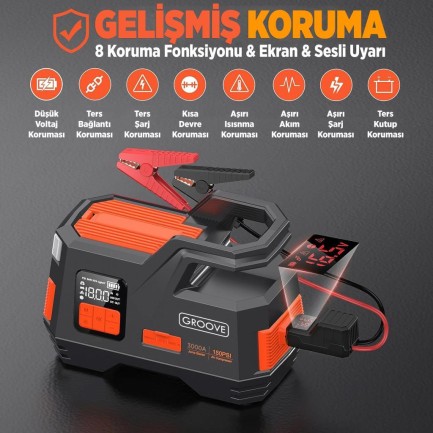 GROOVE JS006 26800mAh 3000A Akü Takviye Cihazı + Lastik Şişirme Kompresörlü Taşınabilir Jump Starter (Kompresör+Powerbank+Led Lamba+LCD Ekran) - Thumbnail