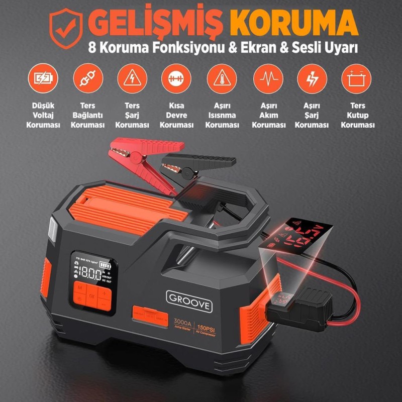 GROOVE JS006 26800mAh 3000A Akü Takviye Cihazı + Lastik Şişirme Kompresörlü Taşınabilir Jump Starter (Kompresör+Powerbank+Led Lamba+LCD Ekran) 