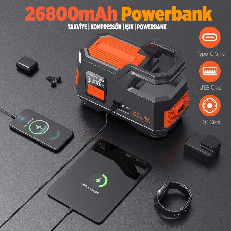 GROOVE JS006 26800mAh 4500A Akü Takviye Cihazı +Lastik Şişirme Kompresörlü Taşınabilir Jump Starter (Kompresör+Powerbank+Led Lamba+LCD Ekran) 
