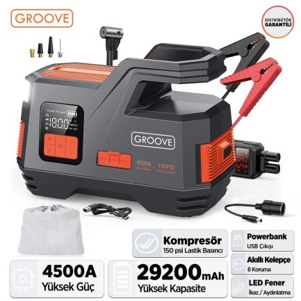 GROOVE - GROOVE JS006 29200mAh 4500A Akü Takviye Cihazı +Lastik Şişirme Kompresörlü Taşınabilir Jump Starter (Kompresör+Powerbank+Led Lamba+LCD Ekran) 