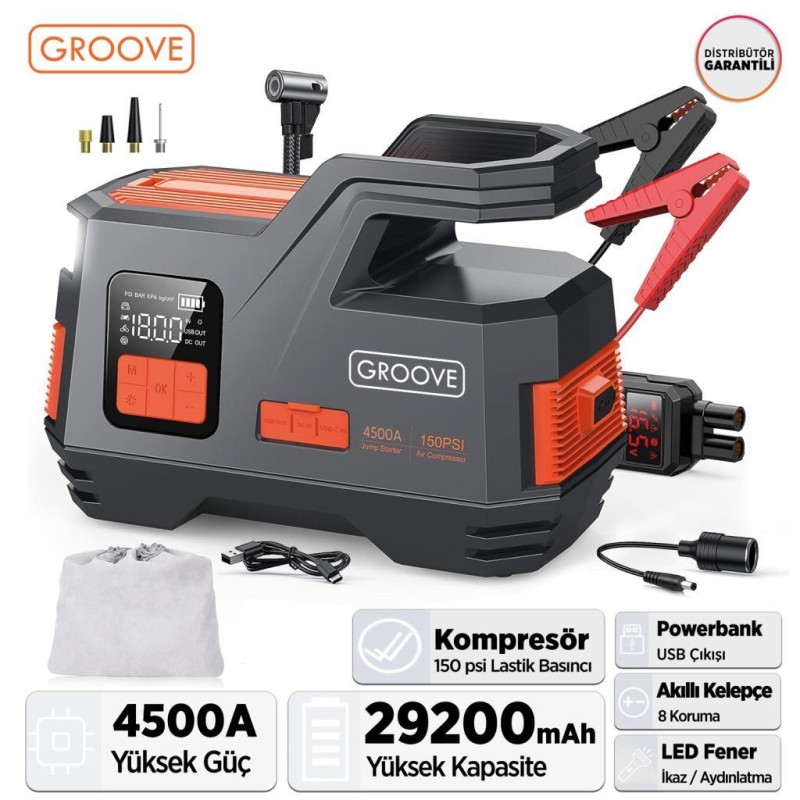 GROOVE JS006 29200mAh 4500A Akü Takviye Cihazı +Lastik Şişirme Kompresörlü Taşınabilir Jump Starter (Kompresör+Powerbank+Led Lamba+LCD Ekran) (ÖN SİPARİŞ TAHMİNİ TESLİMAT 25 KASIM)
