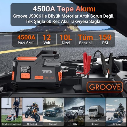 GROOVE JS006 29200mAh 4500A Akü Takviye Cihazı +Lastik Şişirme Kompresörlü Taşınabilir Jump Starter (Kompresör+Powerbank+Led Lamba+LCD Ekran) - Thumbnail