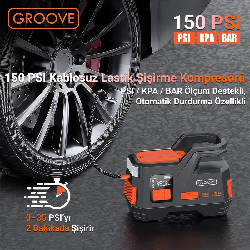 GROOVE JS006 29200mAh 4500A Akü Takviye Cihazı +Lastik Şişirme Kompresörlü Taşınabilir Jump Starter (Kompresör+Powerbank+Led Lamba+LCD Ekran)