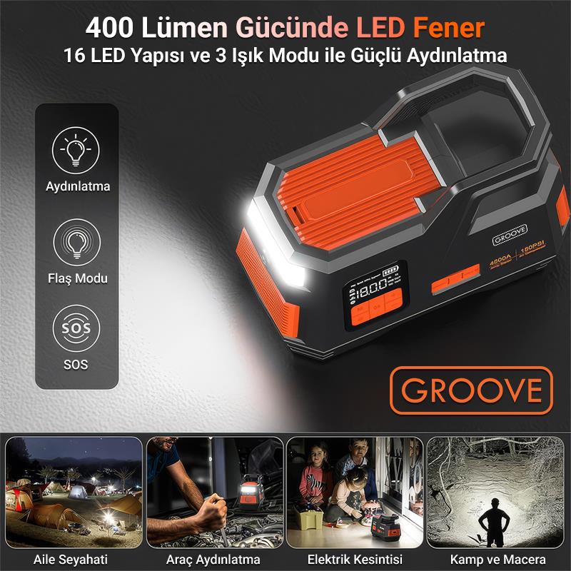 GROOVE JS006 29200mAh 4500A Akü Takviye Cihazı +Lastik Şişirme Kompresörlü Taşınabilir Jump Starter (Kompresör+Powerbank+Led Lamba+LCD Ekran)