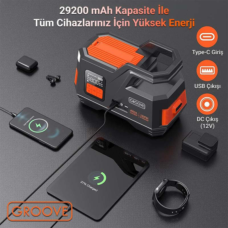 GROOVE JS006 29200mAh 4500A Akü Takviye Cihazı +Lastik Şişirme Kompresörlü Taşınabilir Jump Starter (Kompresör+Powerbank+Led Lamba+LCD Ekran)