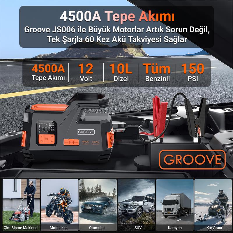 GROOVE JS006 29200mAh 4500A Akü Takviye Cihazı +Lastik Şişirme Kompresörlü Taşınabilir Jump Starter (Kompresör+Powerbank+Led Lamba+LCD Ekran)