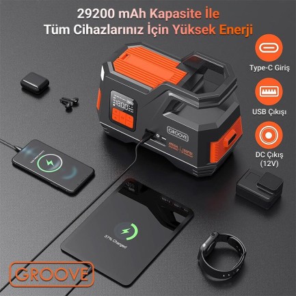 GROOVE JS006 29200mAh 4500A Akü Takviye Cihazı +Lastik Şişirme Kompresörlü Taşınabilir Jump Starter (Kompresör+Powerbank+Led Lamba+LCD Ekran) - Thumbnail