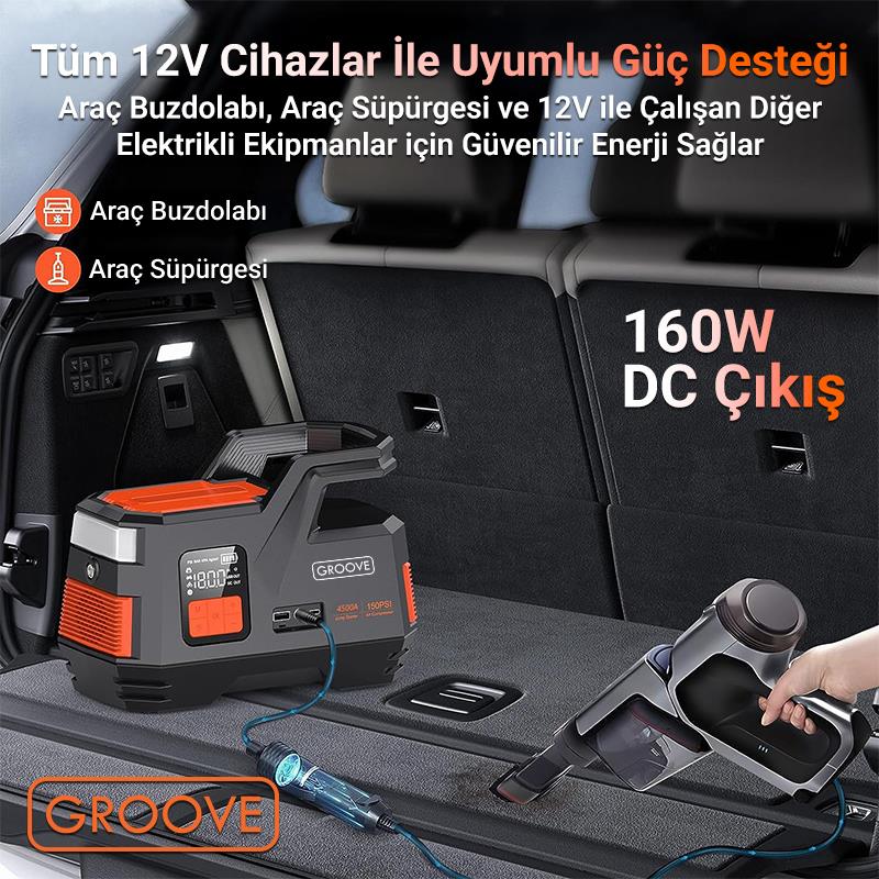 GROOVE JS006 29200mAh 4500A Akü Takviye Cihazı +Lastik Şişirme Kompresörlü Taşınabilir Jump Starter (Kompresör+Powerbank+Led Lamba+LCD Ekran)