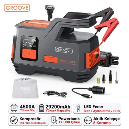 GROOVE - GROOVE JS006 29200mAh 4500A Akü Takviye Cihazı +Lastik Şişirme Kompresörlü Taşınabilir Jump Starter (Kompresör+Powerbank+Led Lamba+LCD Ekran)