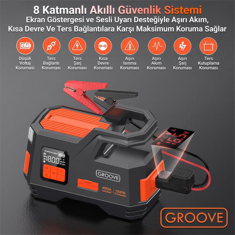 GROOVE JS006 29200mAh 4500A Akü Takviye Cihazı +Lastik Şişirme Kompresörlü Taşınabilir Jump Starter (Kompresör+Powerbank+Led Lamba+LCD Ekran)