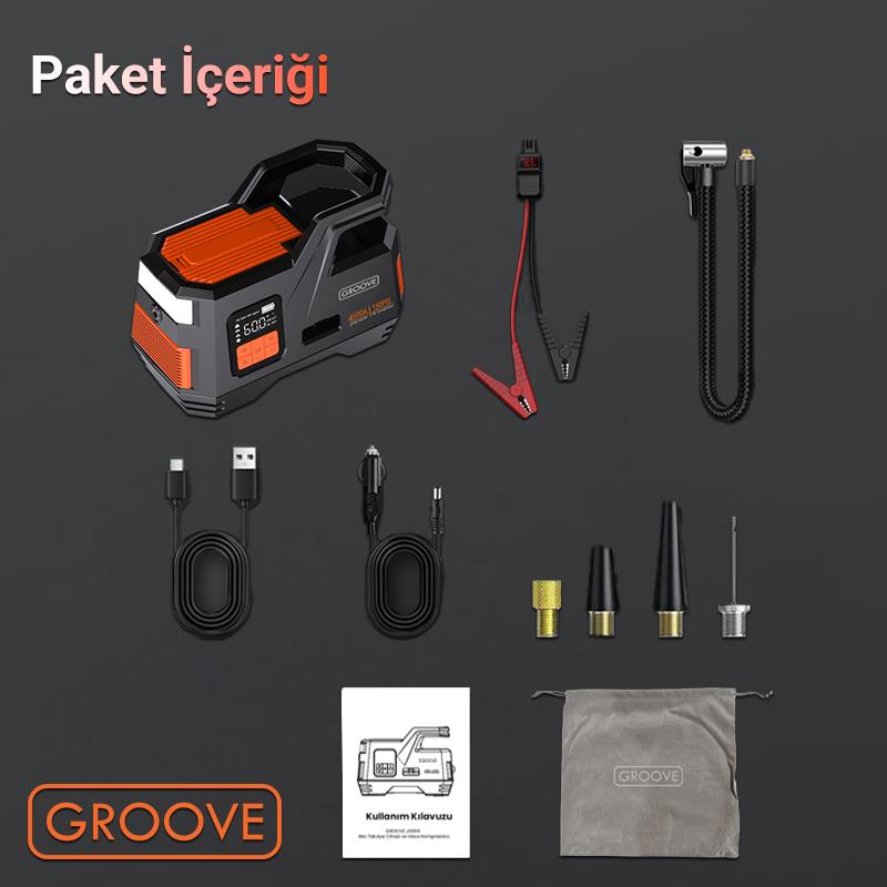 GROOVE JS006 29200mAh 4500A Akü Takviye Cihazı +Lastik Şişirme Kompresörlü Taşınabilir Jump Starter (Kompresör+Powerbank+Led Lamba+LCD Ekran)
