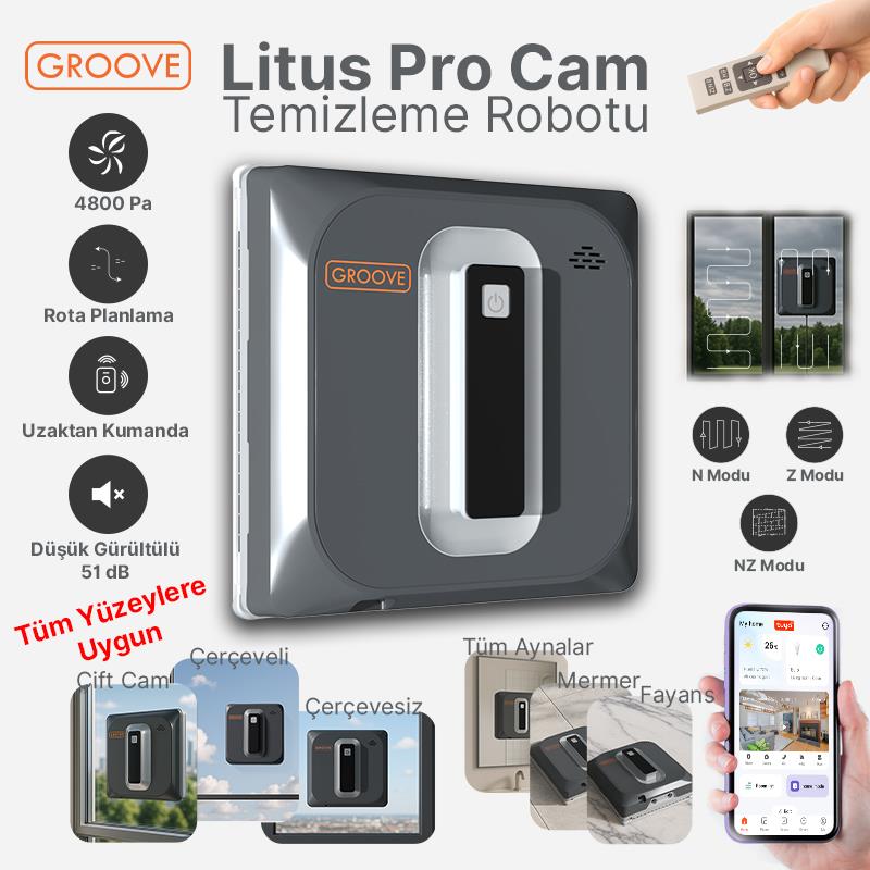 Groove Litus Pro Akıllı Uygulama Kontrollü Cam Temizleme Silme Robotu +Yapay Zeka Desteği+Ultra Sessiz+Akıllı Sensör+4 Ultrasonik Sprey