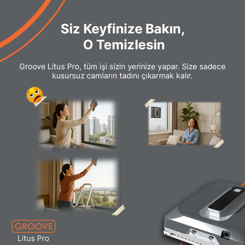 Groove Litus Pro Akıllı Uygulama Kontrollü Cam Temizleme Silme Robotu +Yapay Zeka Desteği+Ultra Sessiz+Akıllı Sensör+4 Ultrasonik Sprey