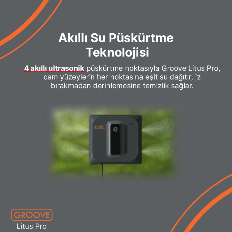 Groove Litus Pro Akıllı Uygulama Kontrollü Cam Temizleme Silme Robotu +Yapay Zeka Desteği+Ultra Sessiz+Akıllı Sensör+4 Ultrasonik Sprey