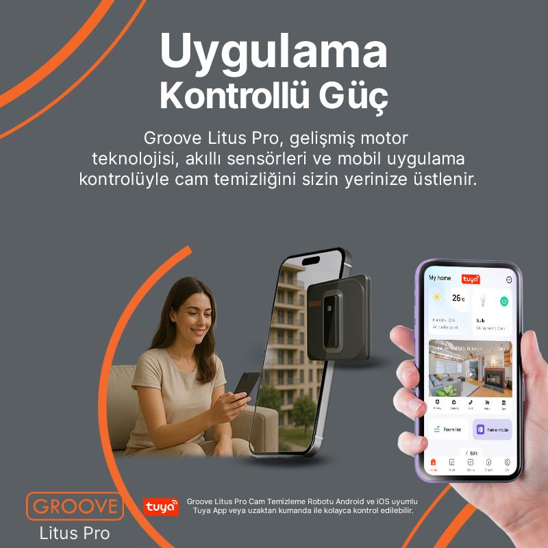 Groove Litus Pro Akıllı Uygulama Kontrollü Cam Temizleme Silme Robotu +Yapay Zeka Desteği+Ultra Sessiz+Akıllı Sensör+4 Ultrasonik Sprey