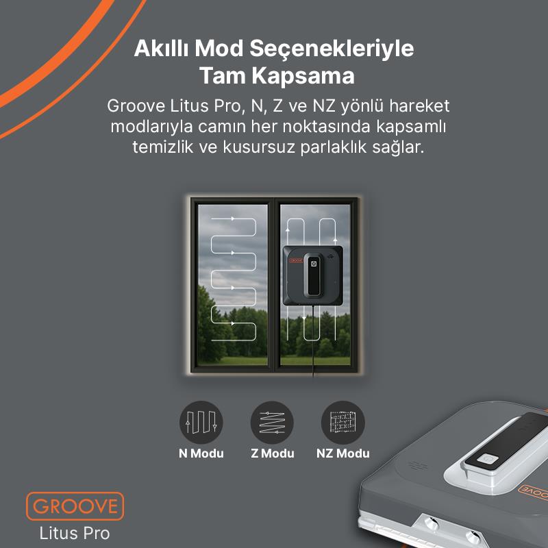 Groove Litus Pro Akıllı Uygulama Kontrollü Cam Temizleme Silme Robotu +Yapay Zeka Desteği+Ultra Sessiz+Akıllı Sensör+4 Ultrasonik Sprey