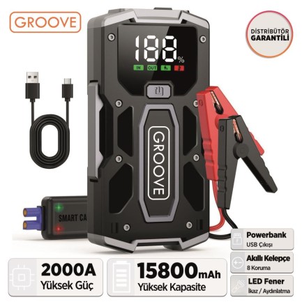 GROOVE - GROOVE M01 15800mAh 2000A Akü Takviye Cihazı Taşınabilir Jump Starter (Powerbank+Led Lamba+LCD Ekran) (ÖN SİPARİŞ - 29 NİSAN)