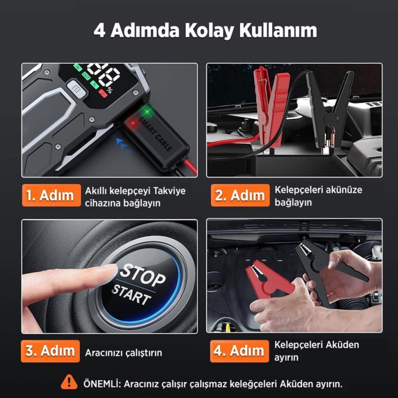 GROOVE M01 15800mAh 2000A Akü Takviye Cihazı Taşınabilir Jump Starter (Powerbank+Led Lamba+LCD Ekran) 