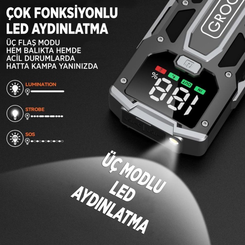 GROOVE M01 15800mAh 2000A Akü Takviye Cihazı Taşınabilir Jump Starter (Powerbank+Led Lamba+LCD Ekran) 
