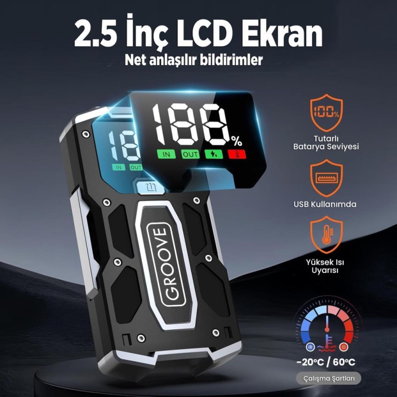 GROOVE M01 15800mAh 2000A Akü Takviye Cihazı Taşınabilir Jump Starter (Powerbank+Led Lamba+LCD Ekran) 