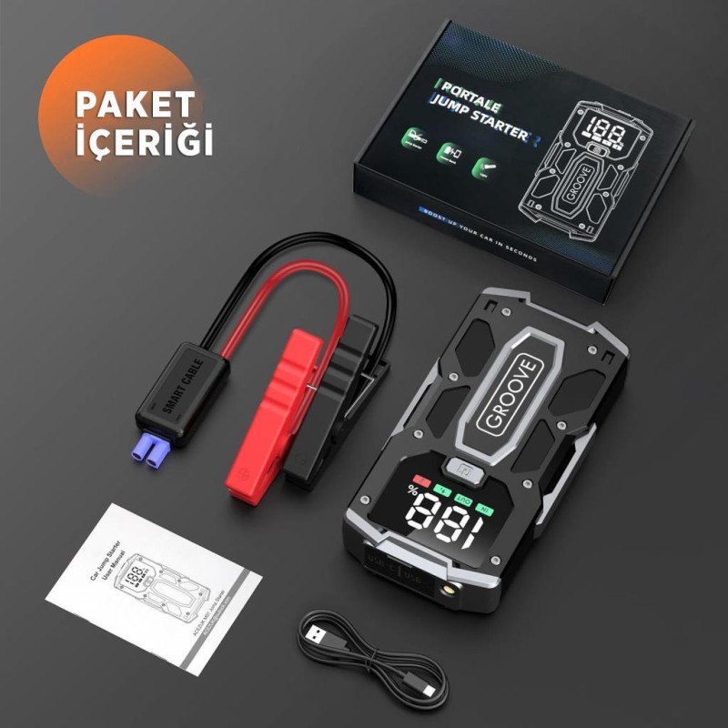 GROOVE M01 15800mAh 2000A Akü Takviye Cihazı Taşınabilir Jump Starter (Powerbank+Led Lamba+LCD Ekran) 