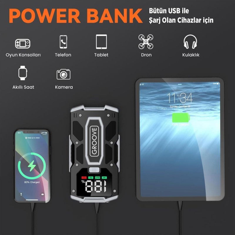 GROOVE M01 18200mAh 2000A Akü Takviye Cihazı Taşınabilir Jump Starter (Powerbank+Led Lamba+LCD Ekran) (ÖN SİPARİŞ TAHMİNİ TESLİMAT 25 KASIM)