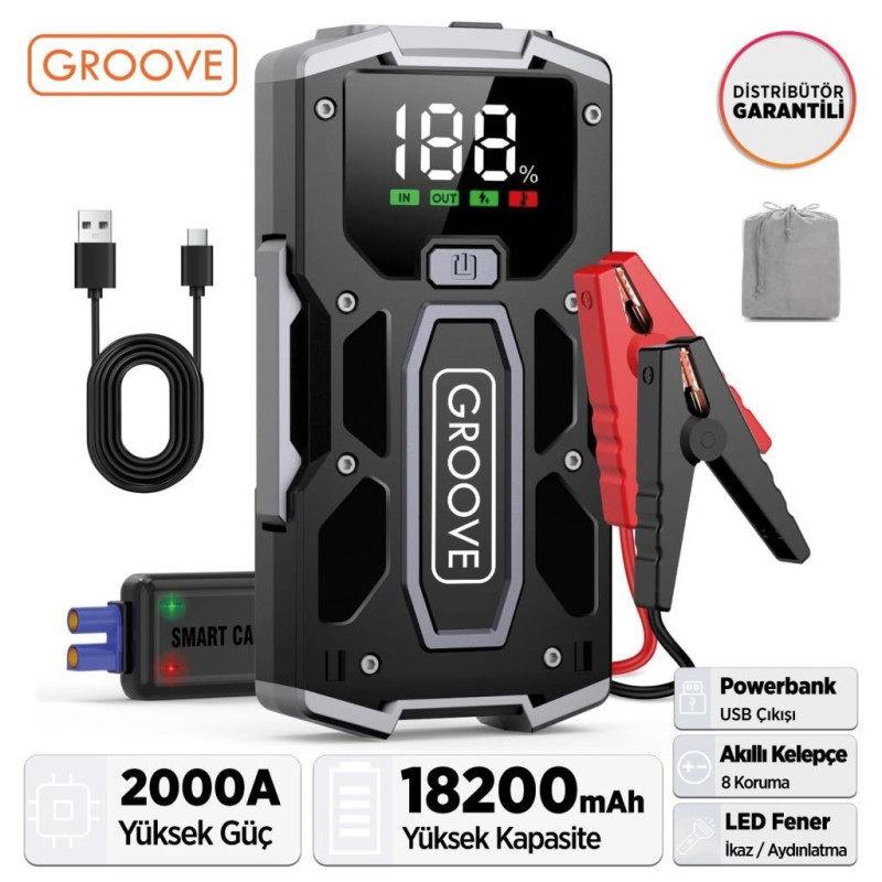 GROOVE M01 18200mAh 2000A Akü Takviye Cihazı Taşınabilir Jump Starter (Powerbank+Led Lamba+LCD Ekran) (ÖN SİPARİŞ TAHMİNİ TESLİMAT 25 KASIM)