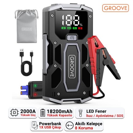GROOVE M01 18200mAh 2000A Akü Takviye Cihazı Taşınabilir Jump Starter (Powerbank+Led Lamba+LCD Ekran) - Thumbnail