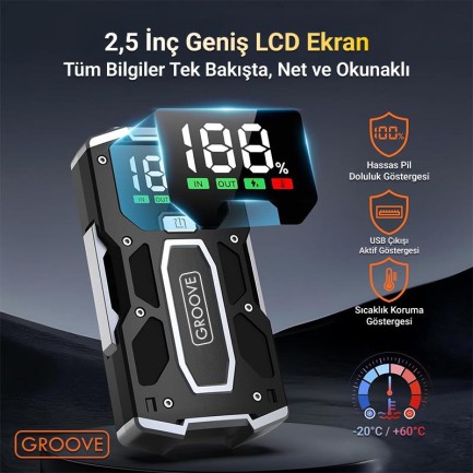 GROOVE M01 18200mAh 2000A Akü Takviye Cihazı Taşınabilir Jump Starter (Powerbank+Led Lamba+LCD Ekran) - Thumbnail