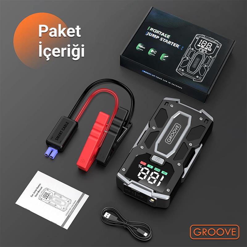 GROOVE M01 18200mAh 2000A Akü Takviye Cihazı Taşınabilir Jump Starter (Powerbank+Led Lamba+LCD Ekran)