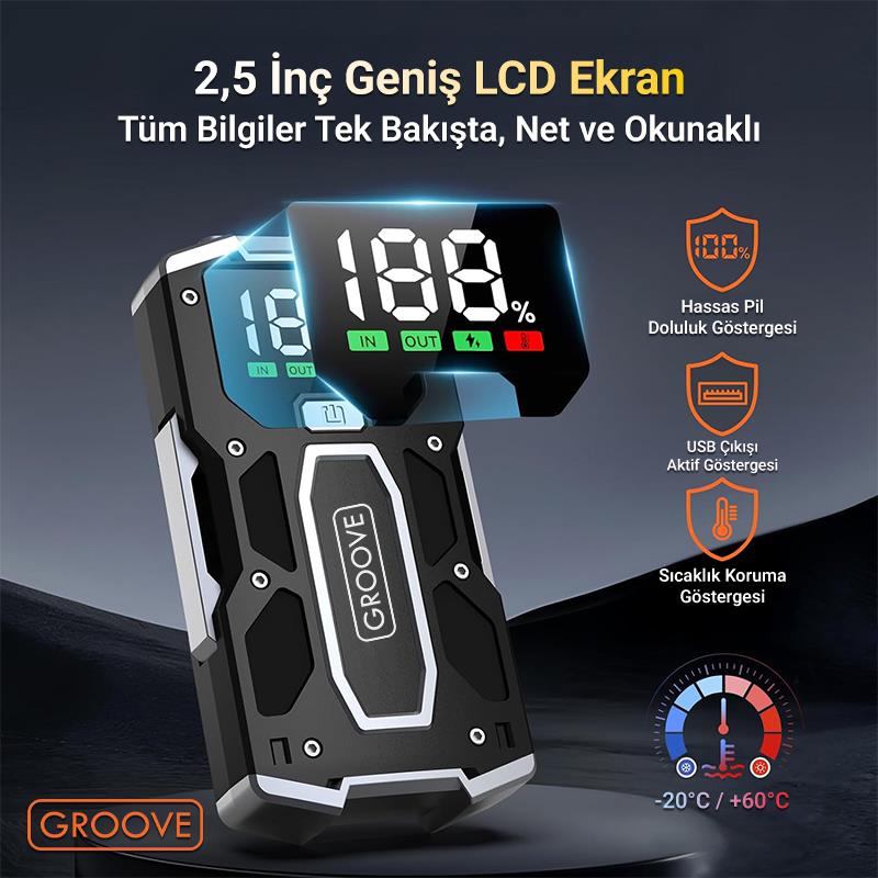 GROOVE M01 18200mAh 2000A Akü Takviye Cihazı Taşınabilir Jump Starter (Powerbank+Led Lamba+LCD Ekran)