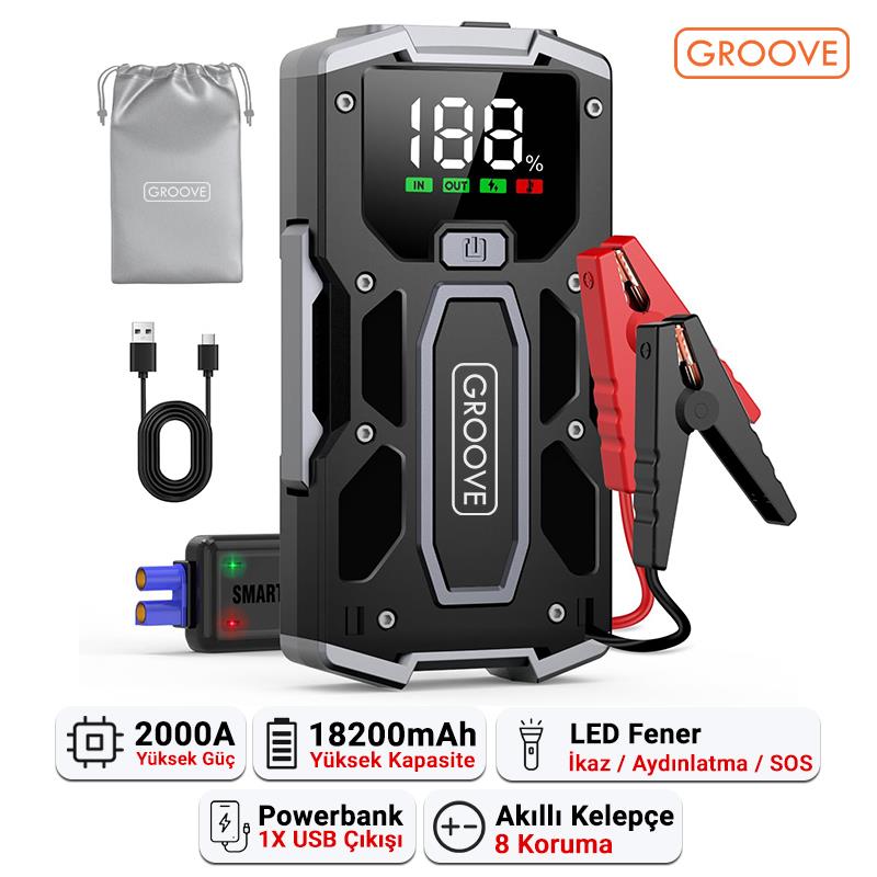 GROOVE M01 18200mAh 2000A Akü Takviye Cihazı Taşınabilir Jump Starter (Powerbank+Led Lamba+LCD Ekran)