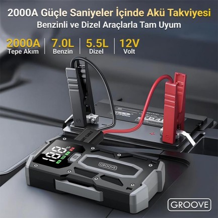 GROOVE M01 18200mAh 2000A Akü Takviye Cihazı Taşınabilir Jump Starter (Powerbank+Led Lamba+LCD Ekran) - Thumbnail
