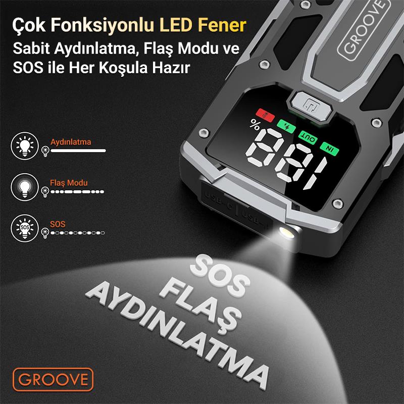 GROOVE M01 18200mAh 2000A Akü Takviye Cihazı Taşınabilir Jump Starter (Powerbank+Led Lamba+LCD Ekran)