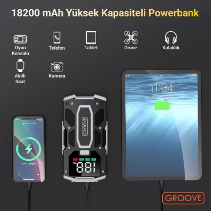 GROOVE M01 18200mAh 2000A Akü Takviye Cihazı Taşınabilir Jump Starter (Powerbank+Led Lamba+LCD Ekran) - Thumbnail