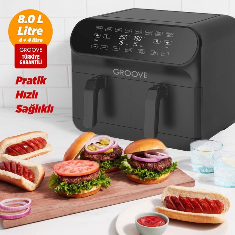 Groove Max Plus XXL 1800W (4Lt+4Lt) 8Lt Çift Hazneli Smart Airfryer Air Fryer Yağsız Sıcak Hava Fritözü Siyah