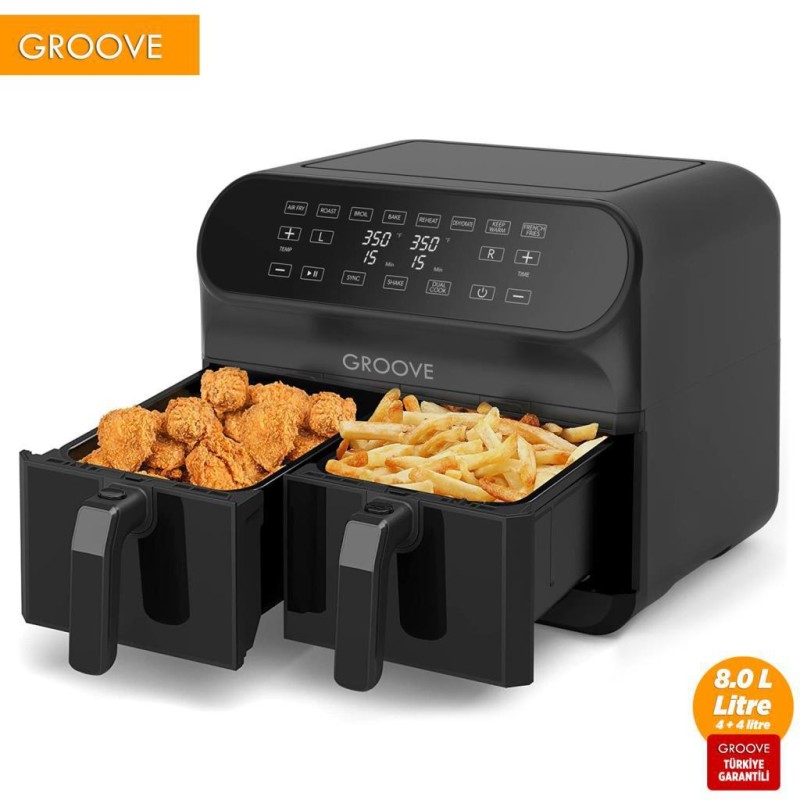 Groove Max Plus XXL 1800W (4Lt+4Lt) 8Lt Çift Hazneli Smart Airfryer Air Fryer Yağsız Sıcak Hava Fritözü Siyah