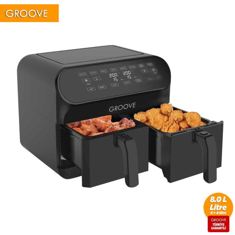 Groove Max Plus XXL 1800W (4Lt+4Lt) 8Lt Çift Hazneli Smart Airfryer Air Fryer Yağsız Sıcak Hava Fritözü Siyah