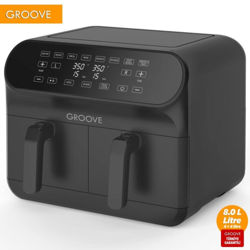 Groove Max Plus XXL 1800W (4Lt+4Lt) 8Lt Çift Hazneli Smart Airfryer Air Fryer Yağsız Sıcak Hava Fritözü Siyah