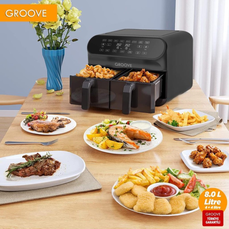 Groove Max Plus XXL 1800W (4Lt+4Lt) 8Lt Çift Hazneli Smart Airfryer Air Fryer Yağsız Sıcak Hava Fritözü Siyah