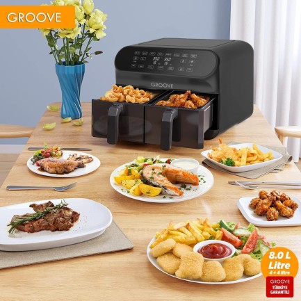 Groove Max Plus XXL 1800W (4Lt+4Lt) 8Lt Çift Hazneli Smart Airfryer Air Fryer Yağsız Sıcak Hava Fritözü Siyah - Thumbnail