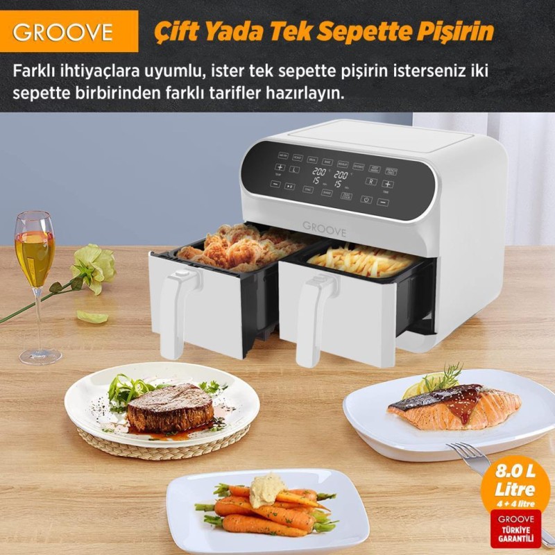 Groove Max Plus XXL 1800W (4Lt+4Lt) 8Lt Çift Hazneli Smart Airfryer Air Fryer Yağsız Sıcak Hava Fritözü Beyaz