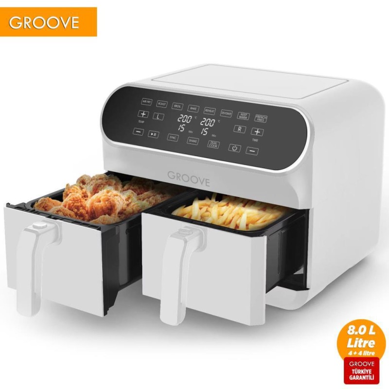 Groove Max Plus XXL 1800W (4Lt+4Lt) 8Lt Çift Hazneli Smart Airfryer Air Fryer Yağsız Sıcak Hava Fritözü Beyaz